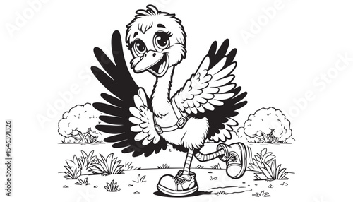 Vector illustration of cartoon Common ostrich waving wing greeting black and white drawing For children to learn to color according to the picture.
