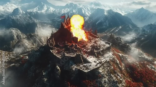Aerial view of a majestic castle atop a mountain surrounded by autumn foliage and snow-capped peaks