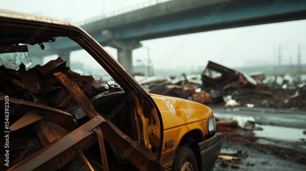 Obraz premium metal scraps and twisted girders in post-disaster urban scene