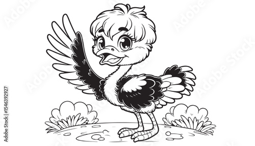 Vector illustration of cartoon Common ostrich waving wing greeting black and white drawing For children to learn to color according to the picture.
