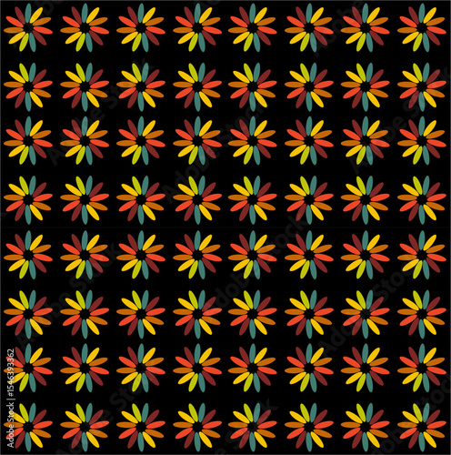 A rhythmic floral pattern with red, yellow, and green petals on a black canvas, evoking the essence of a glowing autumn night.