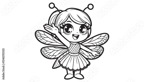 Vector illustration of cartoon angel waving wing greeting black and white drawing For children to learn to color according to the picture.
