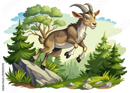 Joyful Goat Leaping in forest vector illustration perfect for farm-themed designs, prints, and educational content