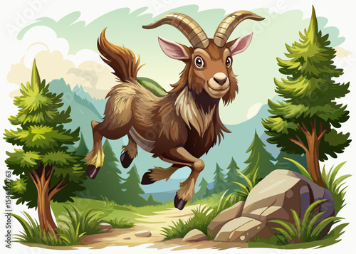 Joyful Goat Leaping in forest vector illustration perfect for farm-themed designs, prints, and educational content
