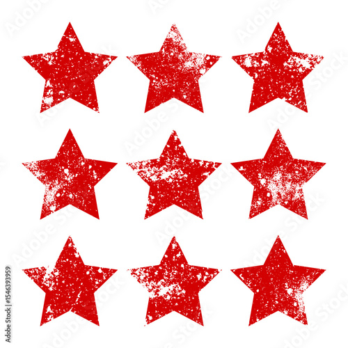 Red vintage stars with cracks and stains. Old hand-drawn sign, black simple shape. Retro design element with distressed effect, grunge texture. Vector illustration