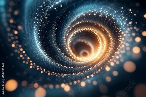 A mesmerizing spiral of glowing light particles swirls through a dark expanse, conveying an illusion of infinite depth and captivating motion in stunning clarity