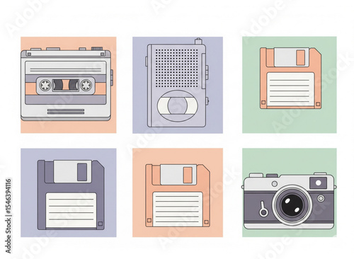 Vintage Tech Flat Design Icons on Pastel Backgrounds