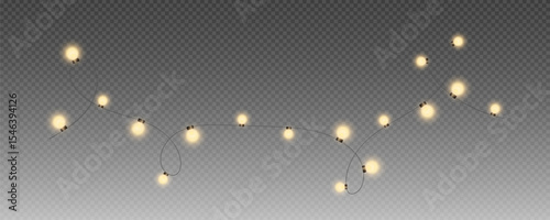 Christmas garland isolated on transparent background. Glowing colorful light bulbs with sparkles.Xmas, New Year, wedding or Birthday decor. Party event decoration. Winter holiday season element.