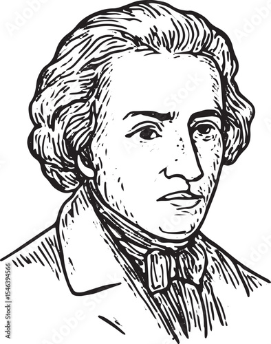 Vintage line engraving of classical composer Wolfgang Amadeus Mozart, iconic figure of the Classical era, ideal for music, education, and historical visual content