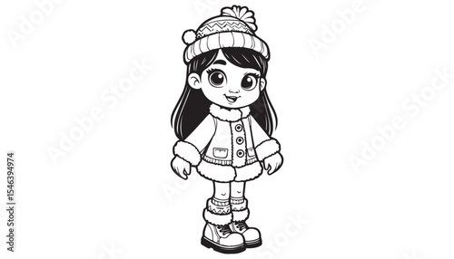 Vector illustration of cartoon girl black and white drawing For children to learn to color according to the picture.
