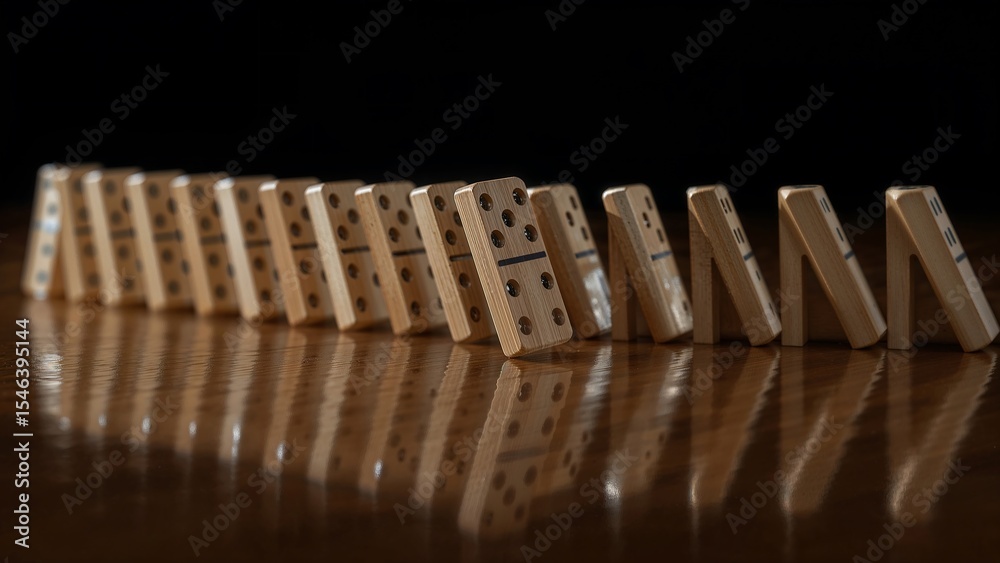 Fototapeta premium Witnessing the classic domino effect as a line of tiles topples, representing the interconnectedness of actions and their far-reaching consequences