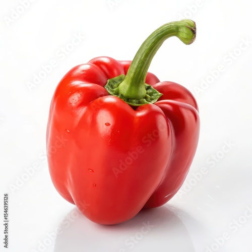 Close-up of a whole red bell pepper with green stem and water droplets, isolated on white, ideal for cooking, health, or food concepts.