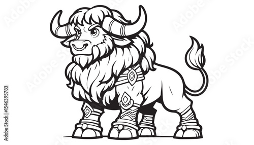 Vector illustration of cartoon angry bull black and white drawing For children to learn to color according to the picture.
