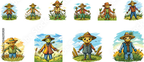 Wooden scarecrow set vector illustration