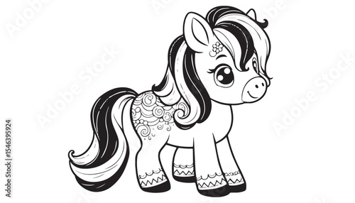 Vector illustration of cartoon cute horse black and white drawing For children to learn to color according to the picture.
