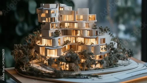 Architectural model of a modern residential building surrounded by greenery and soft lighting