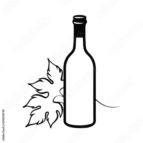 wine bottle silhouette with grape leaf illustratio