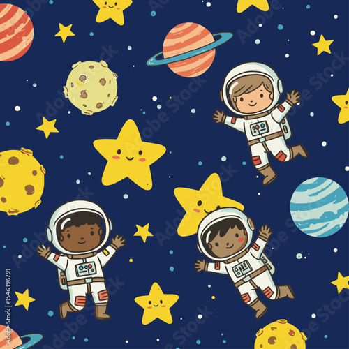 A seamless space pattern with cartoon astronauts planets and stars on a dark blue background