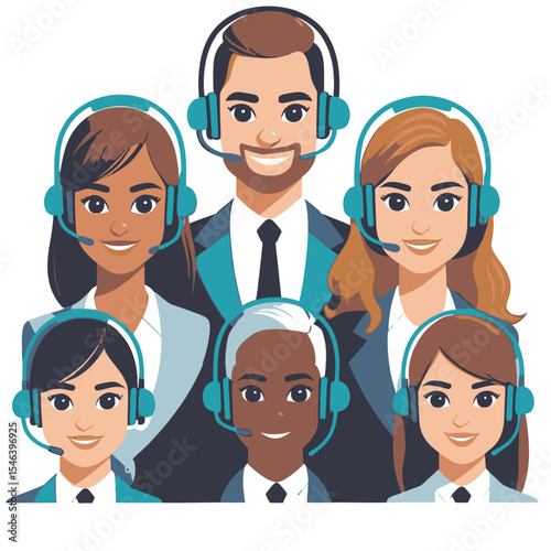 Group of diverse customer service rai wearing headsets and formal attire smiling against a white background