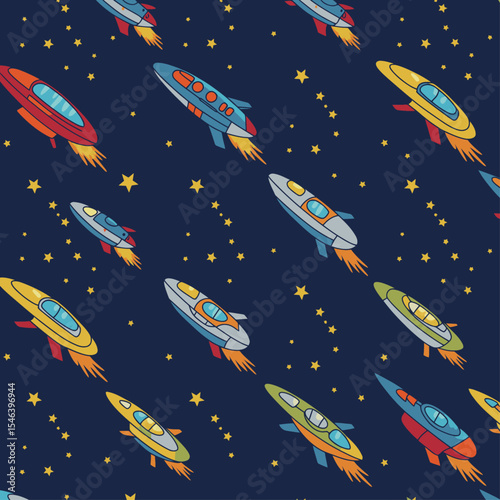 Pattern of colorful rockets amid star clusters on a dark blue backdrop