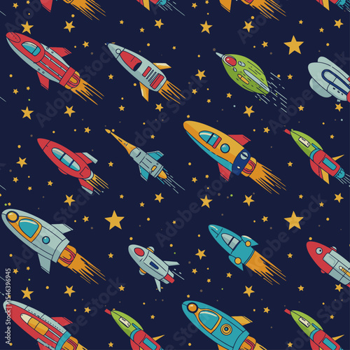 Fototapeta Naklejka Na Ścianę i Meble -  Pattern of rockets and stars against a dark blue background