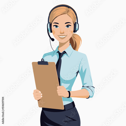 Woman with a headset holding a clipboard