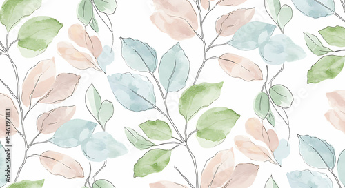Delicate watercolor botanical pattern with pastel leaves for invitations and decor