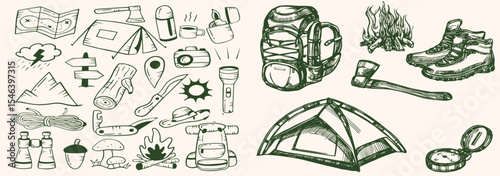 Hand-drawn travel and camping icons set in monochrome style