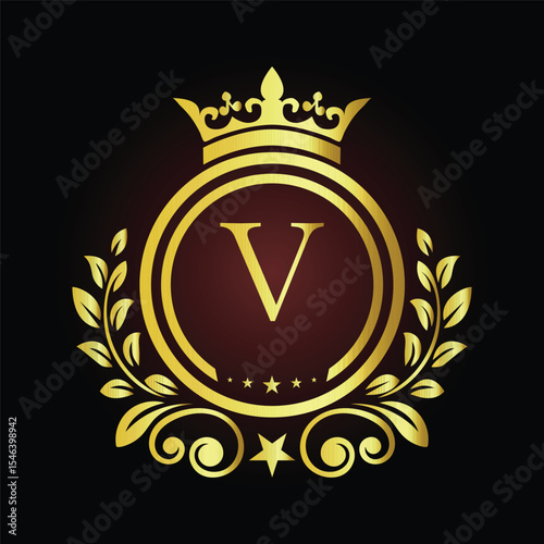 Golden laurel wreath award emblem with vintage star ribbon and best trophy design LOGO V