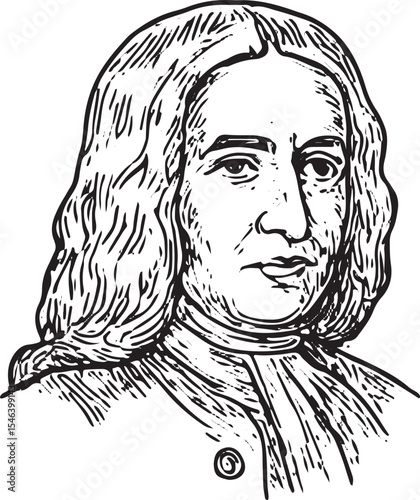 Black and white hand drawn portrait of George Frideric Handel, iconic Baroque composer known for grand operas and oratorios. Perfect for music history and vintage art projects