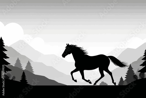 Black Horse Silhouette Running Free-Mountain Landscape Backdrop-Wildlife Art-Equestrian Theme-Monochrome Serenity-Nature Scenery-Horse Lover Gift Idea