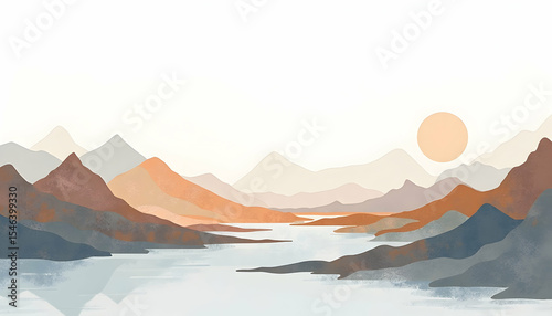 Watercolor Mountain Range Landscape with Lake at Sunset