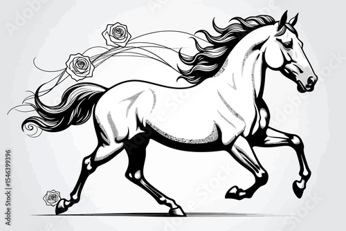 Elegant Horse with Roses Vector Art-Black and White Illustration of a Galloping Horse-Digital Artwork for Prints and Designs-Detailed Horse Drawing
