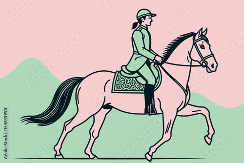 Equestrian Art-Stylish Woman Riding a Pink Horse-Illustrated Horseback Riding Scene-Mint Green and Pink Aesthetic-Unique Horse Illustration for Art Lovers