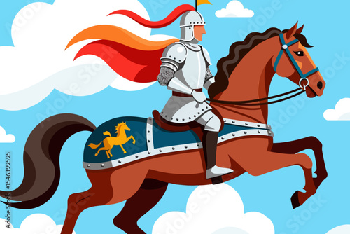 Knight on Horseback Vector Illustration- Medieval Knight in Shining Armor- Brave Warrior Riding Horse- Fantasy Illustration Art- Historical Clipart