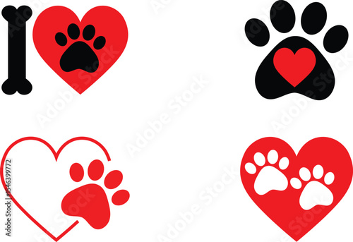 Love for animals with paws. Animal foot prints and hearts silhouette.