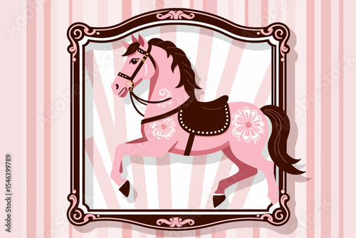 Pink Carousel Horse Illustration-Vintage Style Artwork-Decorative Horse in Frame-Nursery Decor-Baby Girl Room Art-Whimsical Carousel Theme