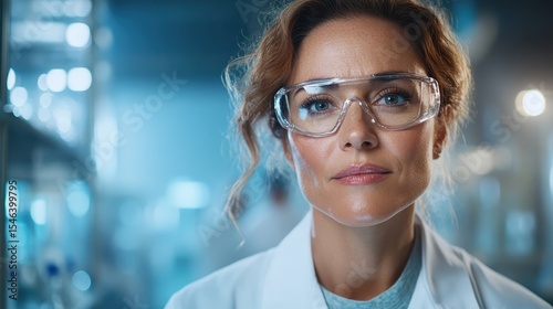 A determined female scientist wearing safety goggles and a lab coat, showcasing her dedication to research amidst a modern laboratory environment filled with advanced equipment.