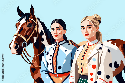 Equestrian Style-Charming Portrait of Two Women with a Beautiful Horse-Elegant Riding Attire-Vintage Horse Show Fashion-Timeless Artwork-Retro Inspired-Graceful Riders-Equestrian Art