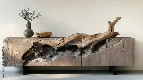 Artistic wooden sideboard with natural driftwood feature, minimalist decor in modern interior