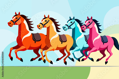 Colorful Cartoon Horses Racing Illustration- Fun Horseback Riding Image- Vibrant Equestrian Art for Kids- Animated Horses Galloping on Green Field