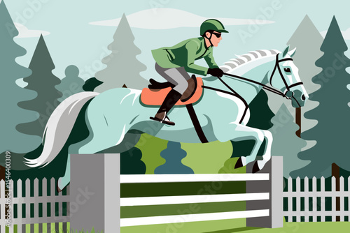 Equestrian Show Jumping Art-Graceful Horse and Rider Vector Illustration-Outdoor Horseback Riding Scene-Stunning Jumper Performance over the Fence