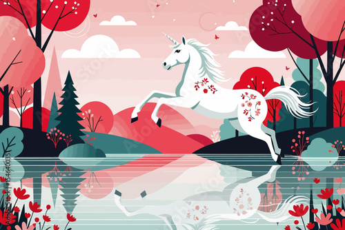 Enchanted Unicorn Art-Whimsical Floral Design-Fantasy Landscape Reflection-Magical Creature Illustration-Vibrant Red and Teal Forest Scene-Serene Lake View