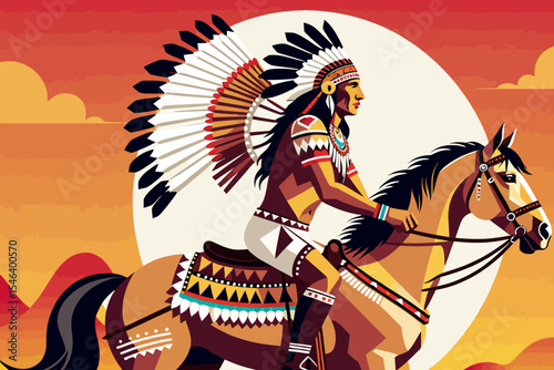 Native American Warrior on Horseback-Tribal Headdress Art-Indigenous Culture Artwork-Historical Depiction-Colorful Illustration-American Indian Art