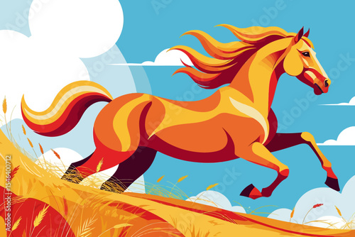 Vibrant Horse Illustration- Digital Art of a Golden Horse Galloping- Colorful Horse Graphic for Design Projects- Equine Artwork with a Stylized Design- Animal Art Print-Horse Theme Decor
