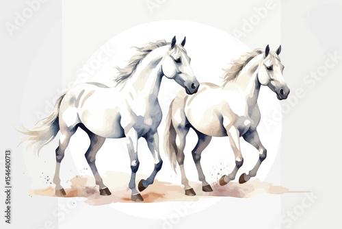 Watercolor White Horses Illustration-Elegance and Power in Motion-Artistic Horse Painting for Decor-Graceful Equine Art for Horse Lovers-Two White Horses Artwork