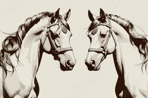 Two Elegant Horses Portrait Illustration-Beautiful Equestrian Art-Detailed Horse Drawing in Sepia Tones-Horseback Riding and Animal Art Lovers Delight
