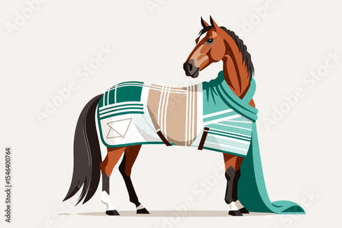 Stylish Horse Illustration-Equestrian Art Print-Fashionable Animal Design-Unique Horse Portrait-Trendy Animal Artwork-Sophisticated Equine Decor-Horse in Blanket Shawl Design