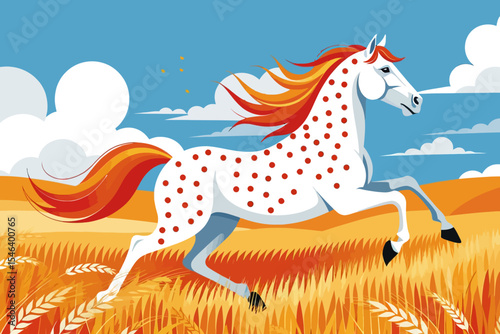 Spotted Horse Galloping Through Golden Field-White Horse with Red Spots Illustration-Beautiful Animated Horse with Fiery Mane and Tail-Blue Sky and Wheat Field Art Depiction