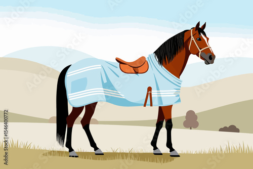 Stylish Horse with Blanket and Saddle Illustration- Brown Horse with Black Mane- Artistic Equestrian Image for Horse Lovers- Equine Art_